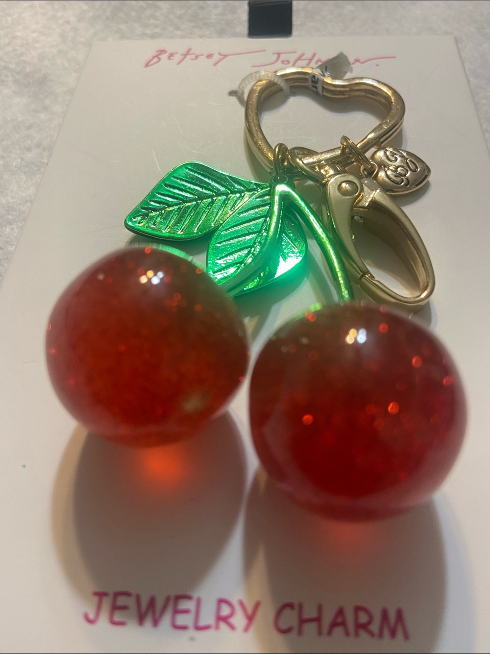 Betsey Johnson Red Cherry Pendant Key Charm with Green Leaves 3-1/2” - Picture 2 of 4